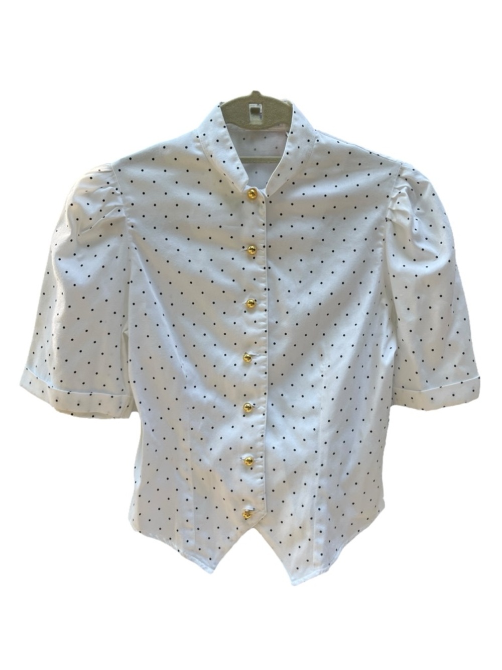 Vintage Alain Figaret France White Polka Dot Puff Sleeve Top with Gold Buttons